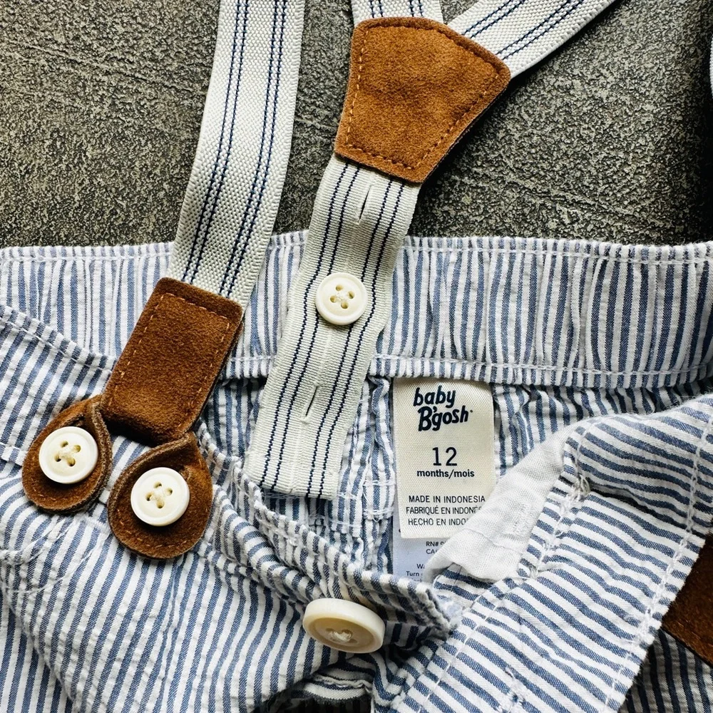 Blue & White Pinstripe Kids Overalls with Brown Faux-Leather Suspenders - Picture 5 of 5